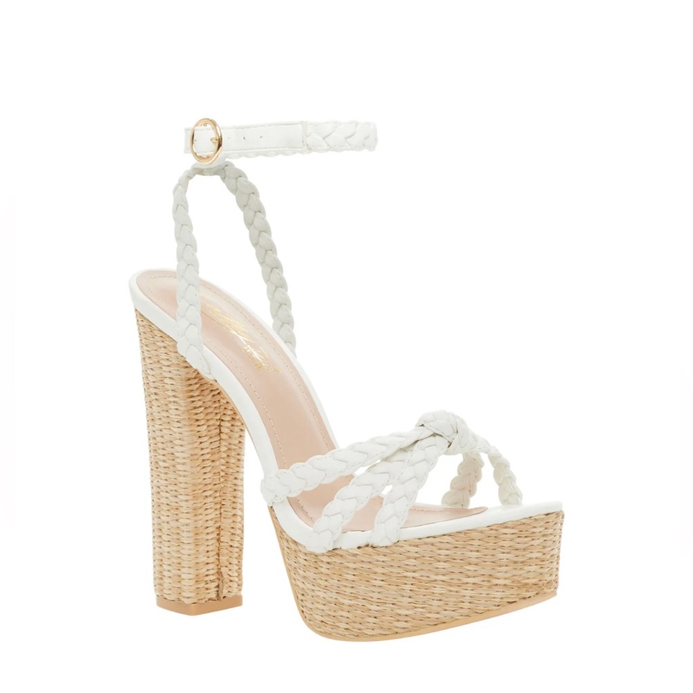 Fashion Nova White Braided Platform Sandals with Woven Raffia Block Heel